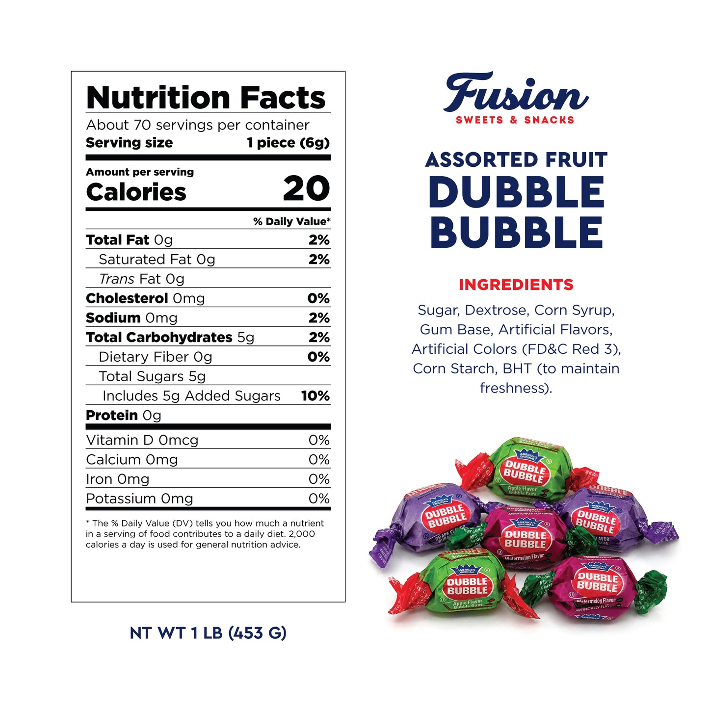 Dubble Bubble Assorted Fruit Flavor Gum - 1 Pound Bulk Bag of 3 Flavor Individually Wrapped Bubble Gum - Grape, Watermelon, Apple - Chewing Bubble Gum