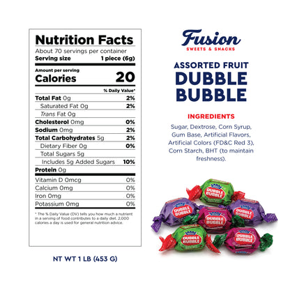 Dubble Bubble Assorted Fruit Flavor Gum - 1 Pound Bulk Bag of 3 Flavor Individually Wrapped Bubble Gum - Grape, Watermelon, Apple - Chewing Bubble Gum