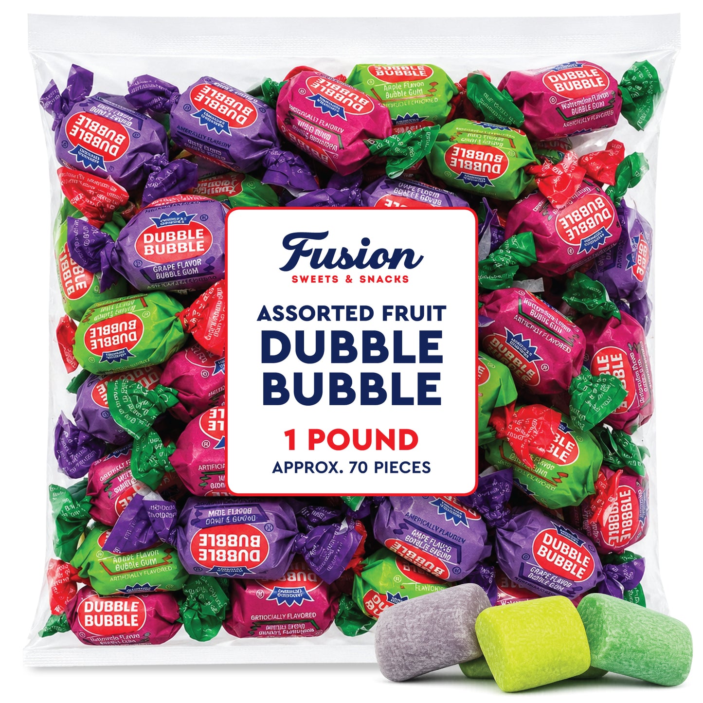 Dubble Bubble Assorted Fruit Flavor Gum - 1 Pound Bulk Bag of 3 Flavor Individually Wrapped Bubble Gum - Grape, Watermelon, Apple - Chewing Bubble Gum
