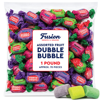 Dubble Bubble Assorted Fruit Flavor Gum - 1 Pound Bulk Bag of 3 Flavor Individually Wrapped Bubble Gum - Grape, Watermelon, Apple - Chewing Bubble Gum