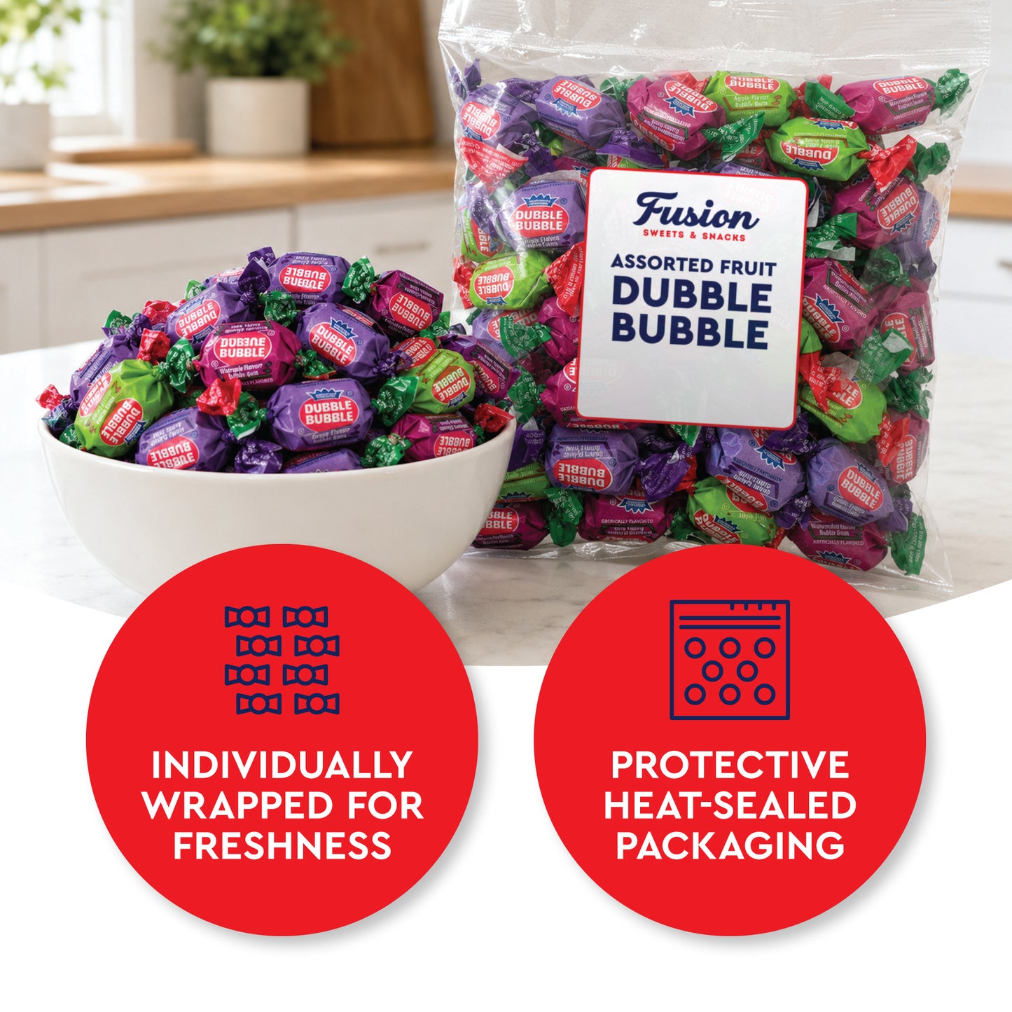 Dubble Bubble Assorted Fruit Flavor Gum - 1 Pound Bulk Bag of 3 Flavor Individually Wrapped Bubble Gum - Grape, Watermelon, Apple - Chewing Bubble Gum