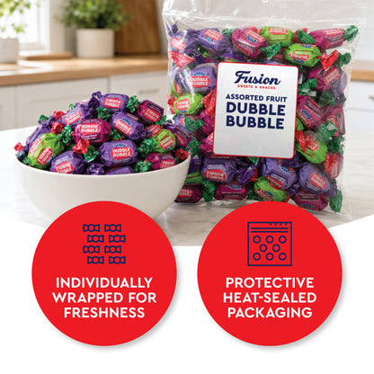 Dubble Bubble Assorted Fruit Flavor Gum - 1 Pound Bulk Bag of 3 Flavor Individually Wrapped Bubble Gum - Grape, Watermelon, Apple - Chewing Bubble Gum