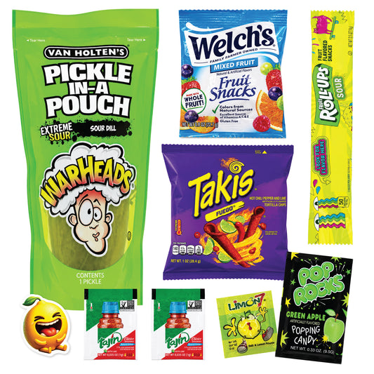 Extreme Sour Pickle Kit - Viral TikTok Snack | Sour Dill Pickle, Chili Rolled Corn Chips, Popping Candy, Fruit Gummies, Sour Rolled Fruit Candy & Chili Lime Seasoning
