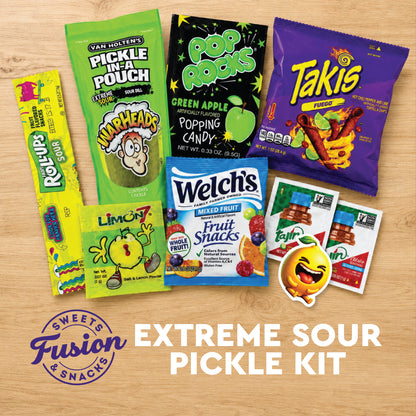 Extreme Sour Pickle Kit - Viral TikTok Snack | Sour Dill Pickle, Chili Rolled Corn Chips, Popping Candy, Fruit Gummies, Sour Rolled Fruit Candy & Chili Lime Seasoning