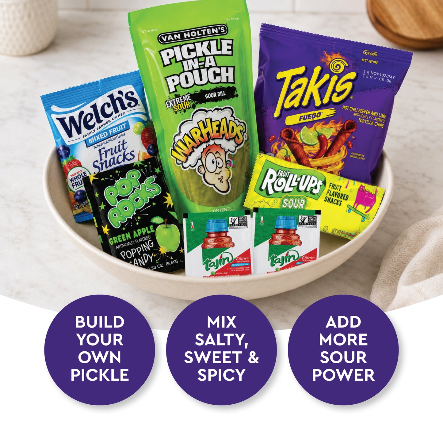 Extreme Sour Pickle Kit - Viral TikTok Snack | Sour Dill Pickle, Chili Rolled Corn Chips, Popping Candy, Fruit Gummies, Sour Rolled Fruit Candy & Chili Lime Seasoning