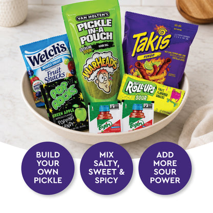 Extreme Sour Pickle Kit - Viral TikTok Snack | Sour Dill Pickle, Chili Rolled Corn Chips, Popping Candy, Fruit Gummies, Sour Rolled Fruit Candy & Chili Lime Seasoning