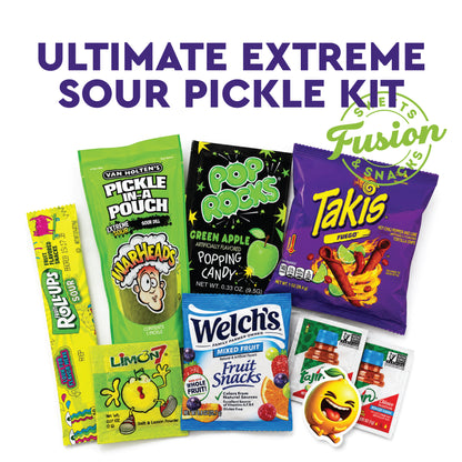 Extreme Sour Pickle Kit - Viral TikTok Snack | Sour Dill Pickle, Chili Rolled Corn Chips, Popping Candy, Fruit Gummies, Sour Rolled Fruit Candy & Chili Lime Seasoning