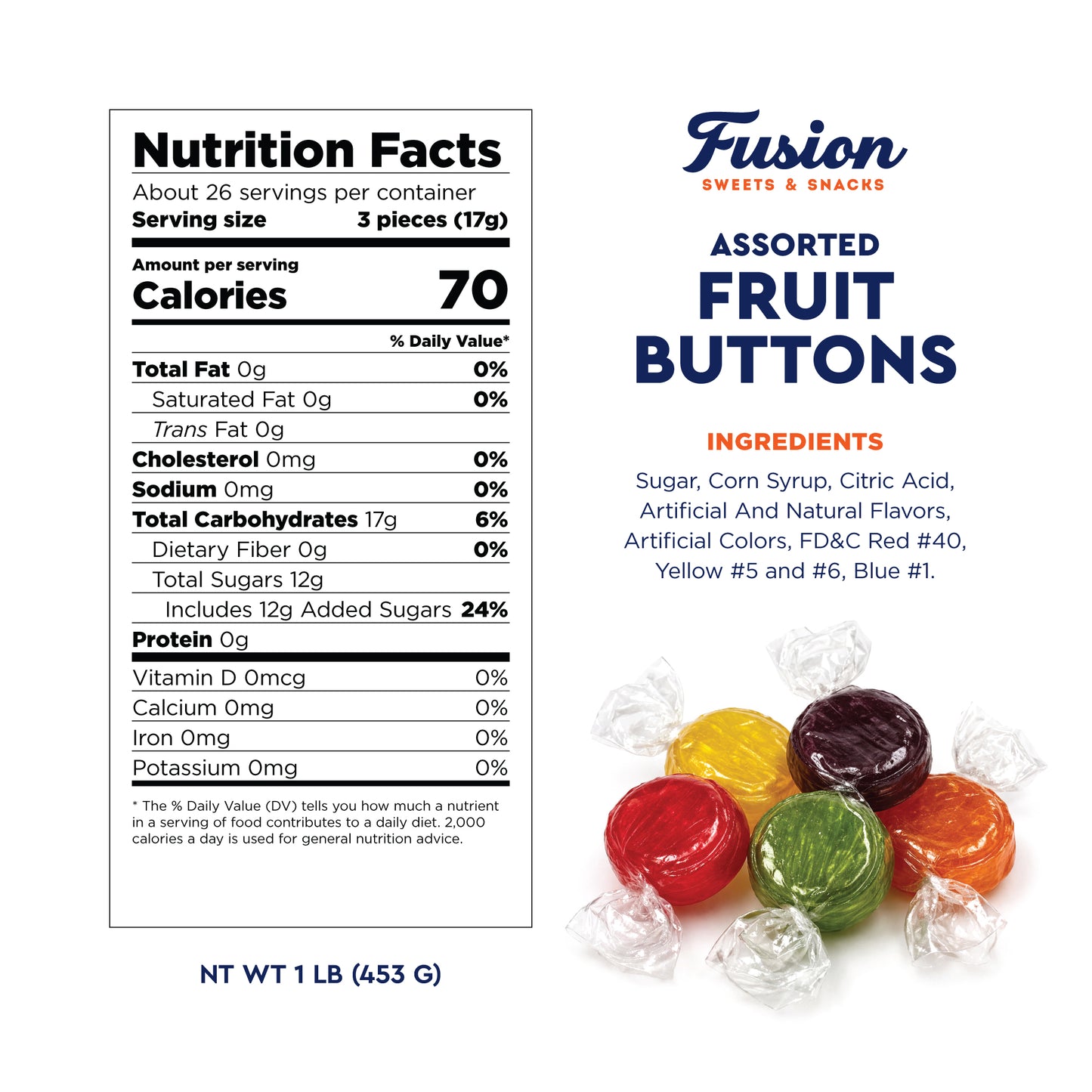 Assorted Fruit Buttons Hard Candy - 1 Pound Bulk Bag - Individually Wrapped Fruit Candies