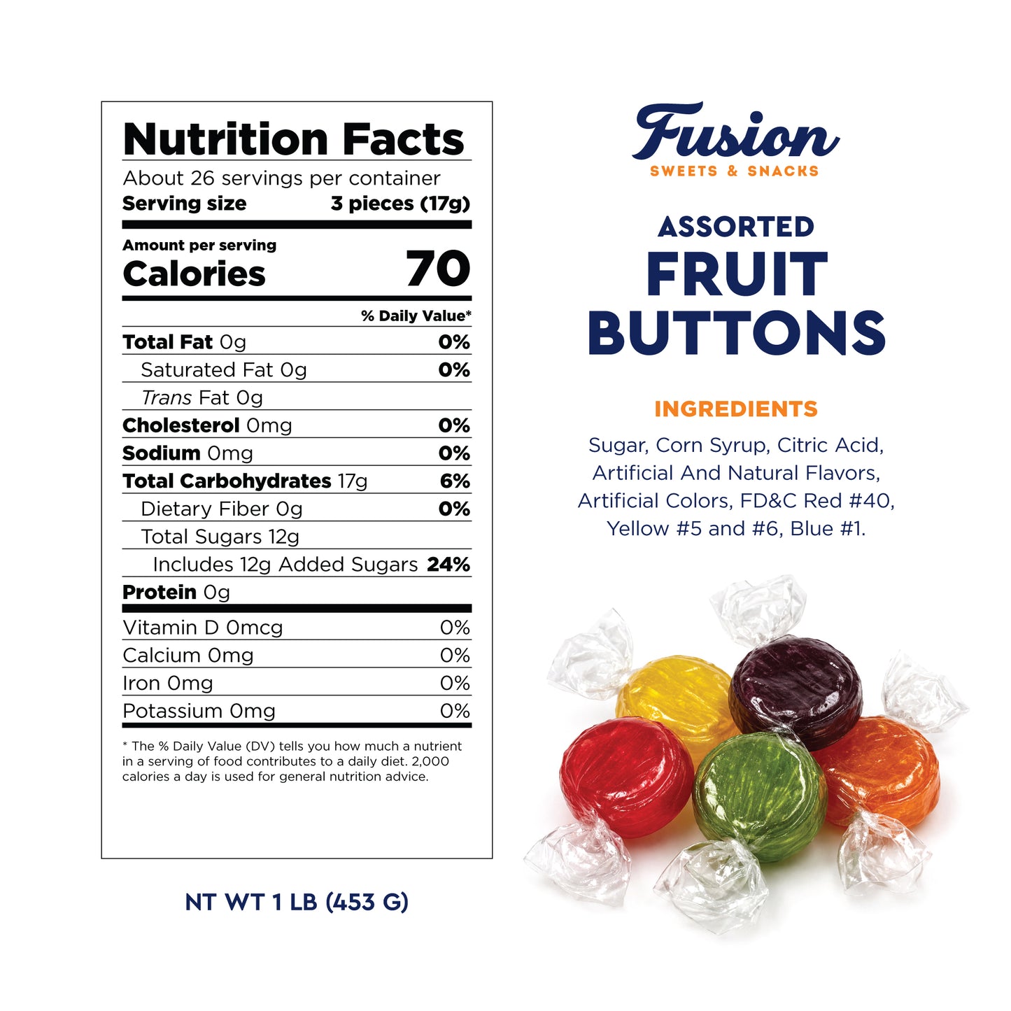 Assorted Fruit Buttons Hard Candy - 1 Pound Bulk Bag - Individually Wrapped Fruit Candies