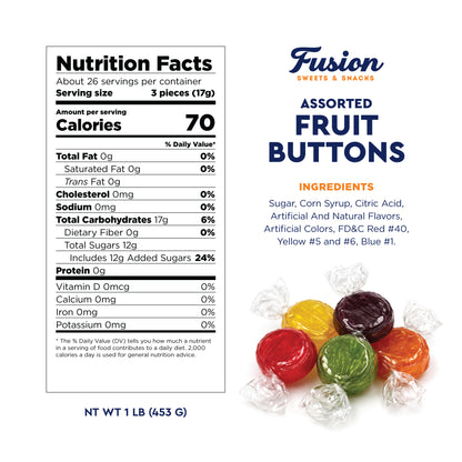 Assorted Fruit Buttons Hard Candy - 1 Pound Bulk Bag - Individually Wrapped Fruit Candies