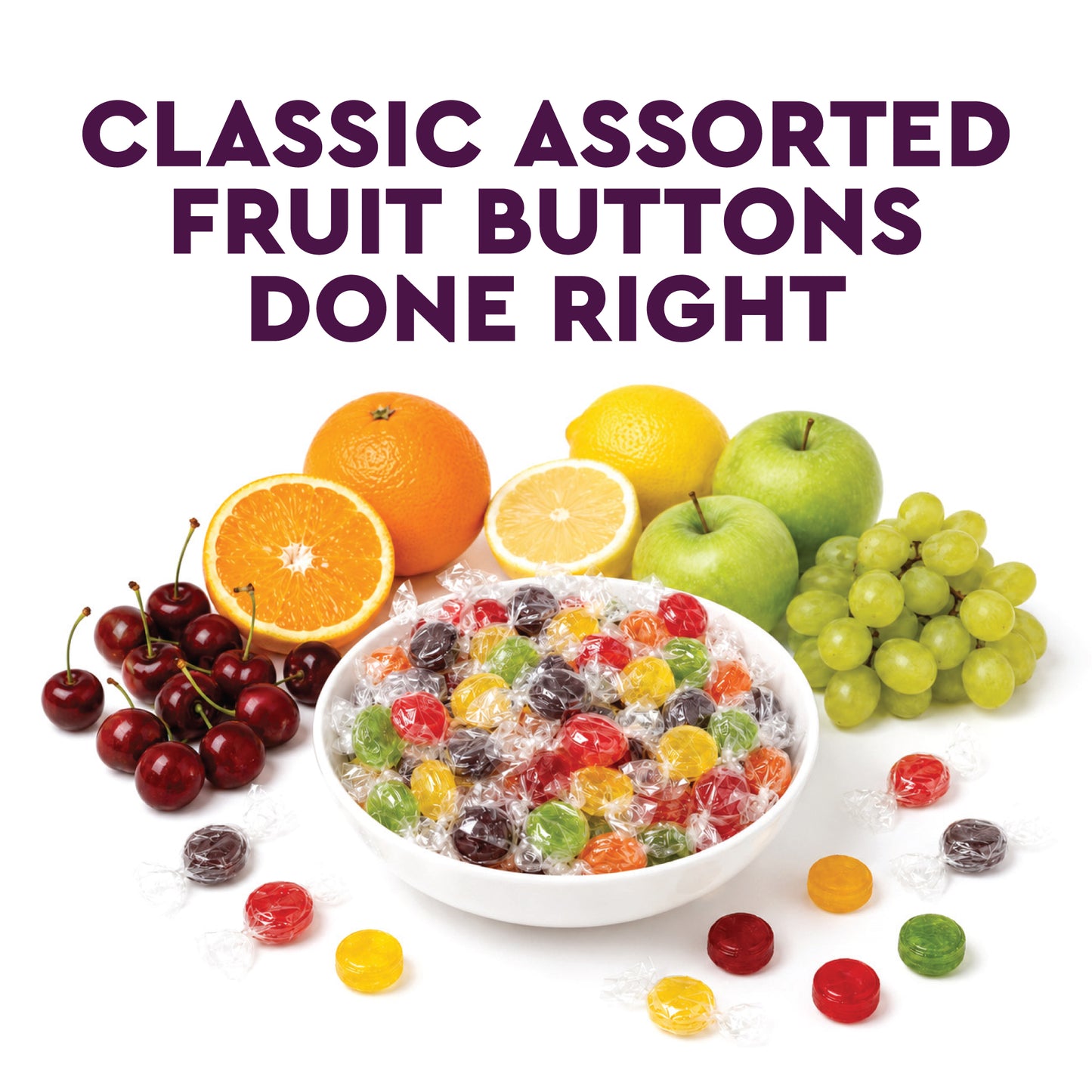 Assorted Fruit Buttons Hard Candy - 1 Pound Bulk Bag - Individually Wrapped Fruit Candies