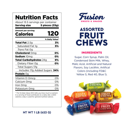 Tootsie Fruit Chews Candy - 1 Pound Bulk Bag, Fruit Chews Rolls, 5 Assorted Flavors, Soft & Fruity Taffy Candy, Individually Wrapped Gluten Free Treats