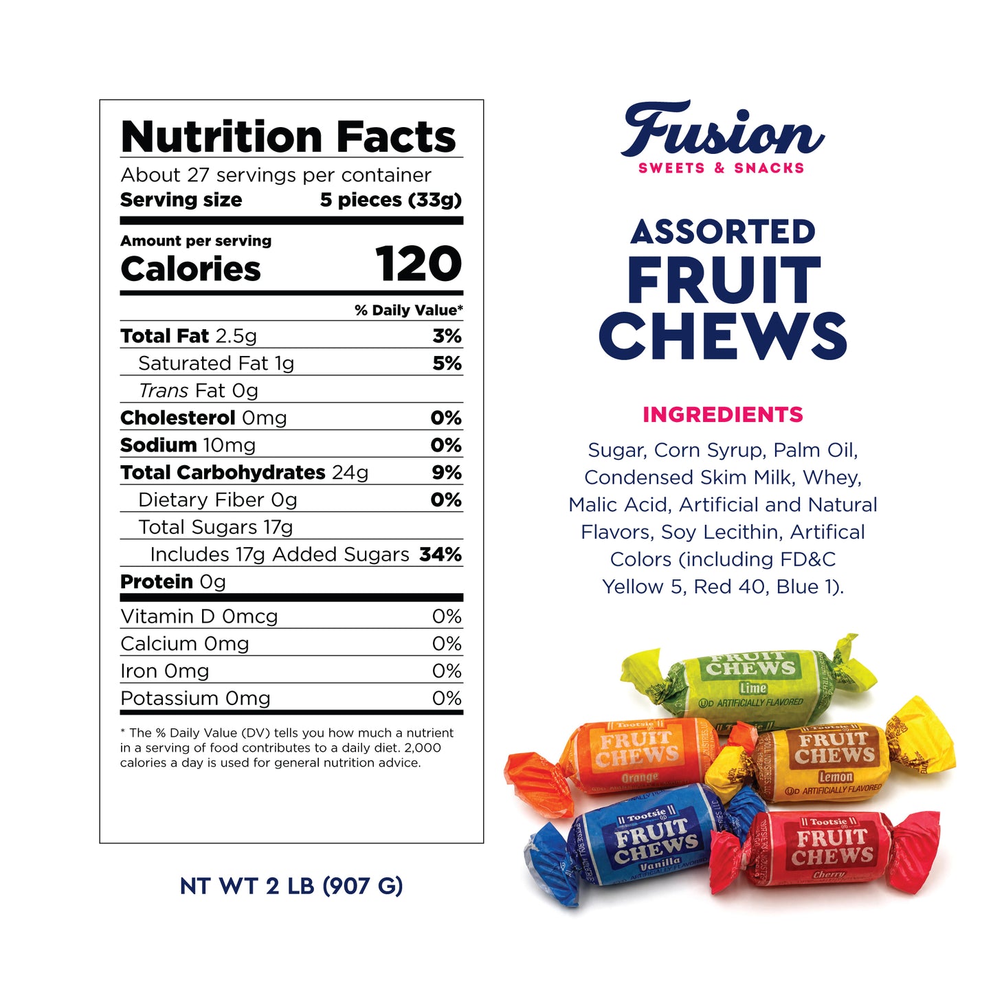 Tootsie Fruit Chews Candy - 2 Pounds Bulk Bag, Fruit Chews Rolls, 5 Assorted Flavors, Soft & Fruity Taffy Candy, Individually Wrapped Gluten Free Treats