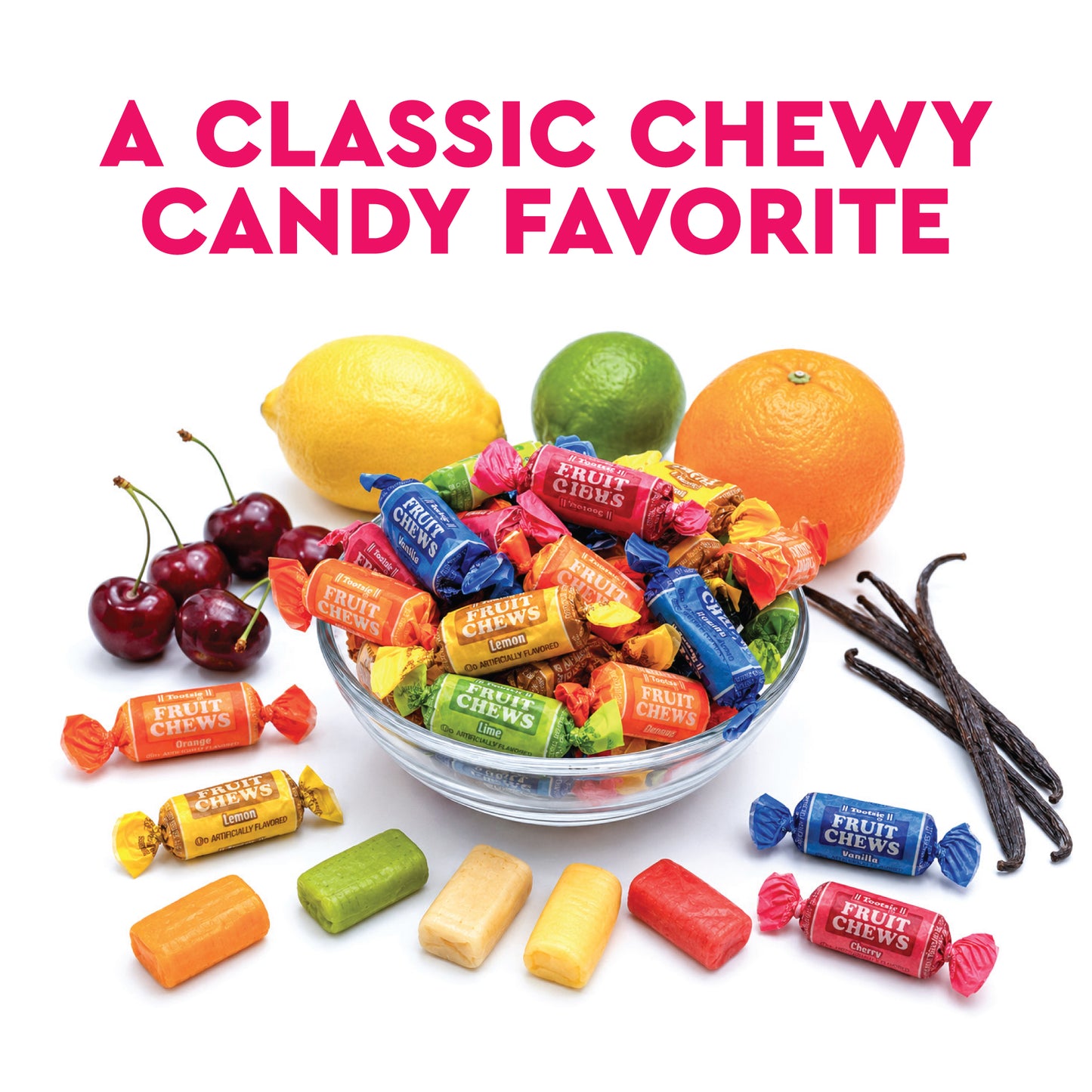 Tootsie Fruit Chews Candy - 1 Pound Bulk Bag, Fruit Chews Rolls, 5 Assorted Flavors, Soft & Fruity Taffy Candy, Individually Wrapped Gluten Free Treats