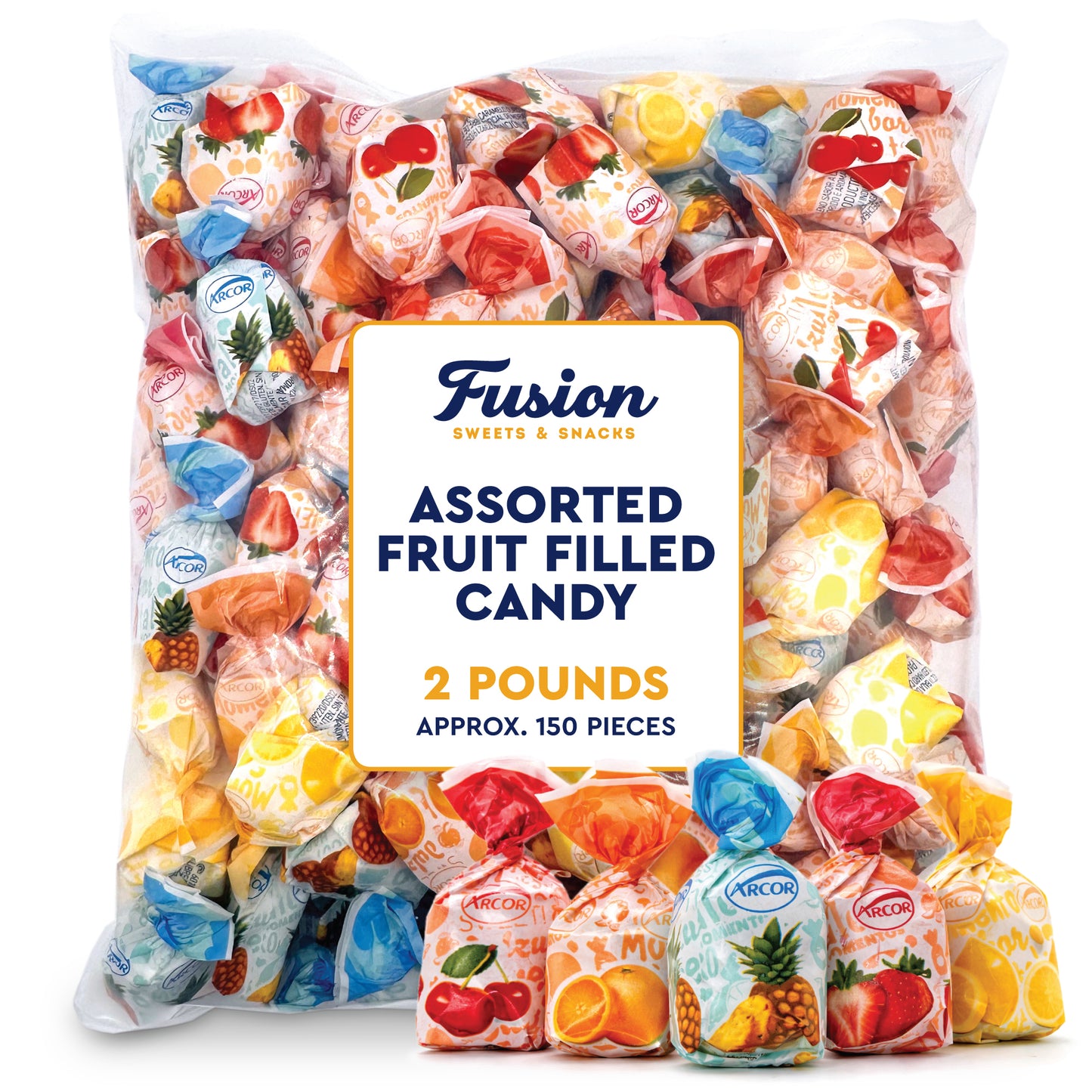 Fruit Filled Hard Candy - Assorted 2 Pounds Bulk Bag, Arcor Bon Bon Fruitfuls candy, Individually Wrapped Hard Candy