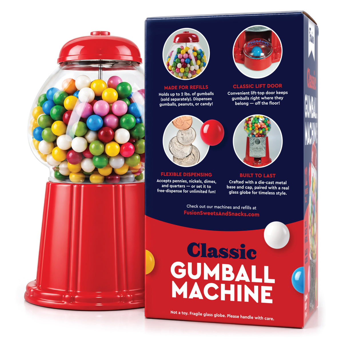Classic 12 Inch Gumball Machine, Cast Metal Glass Globe Candy Dispenser | Retro Style Coin or Non-Coin Operated Vending Machine, Ideal for Small Candy & Half Inch Gumballs, Home & Office