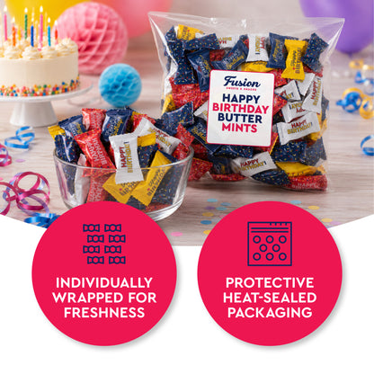 Happy Birthday Candy Buttermints 100 Pieces, Individually Wrapped – Birthday Party Favors, After Dinner Mints, Angel Mints, Quinceanera Party Favors, Buttermints | Kosher Certified Sweet Treats
