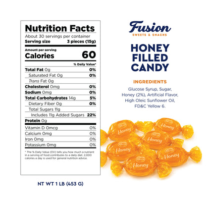 Honey Filled Hard Candy - Individually Wrapped Honey Hard Candy - 1 Pound Bulk Bag - Soft Honey Center