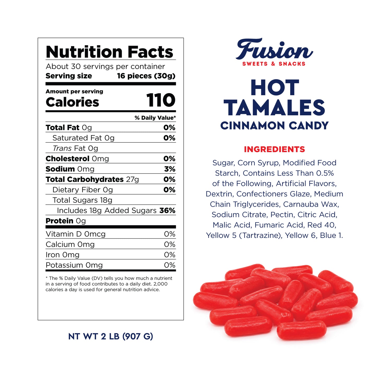 Hot Tamales Fierce Cinnamon Candy - 2 Pound Bulk Bag Spicy Hot Tamales, Chewy Cinnamon Candy, Gluten and Fat Free Red Candies