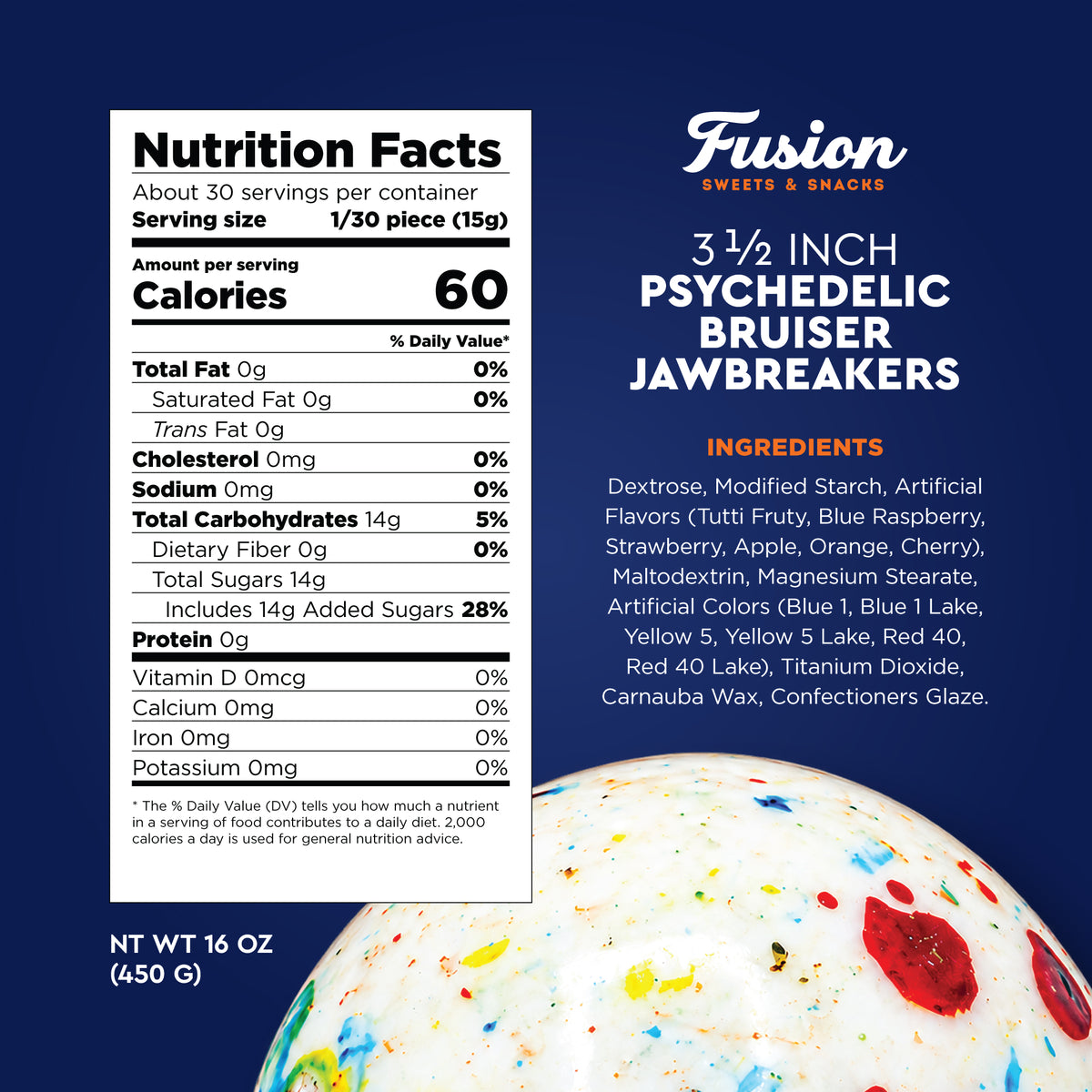 Giant Jawbreaker Candy 3.5 Inch, Psychedelic Speckled Jaw Breaker | World Famous Classic Giant Jawbreaker, Mega Bruiser Jumbo Jaw Breaker, Hard As A Rock, Long Lasting Sucking Candy