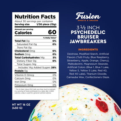 Giant Jawbreaker Candy 3.5 Inch, Psychedelic Speckled Jaw Breaker | World Famous Classic Giant Jawbreaker, Mega Bruiser Jumbo Jaw Breaker, Hard As A Rock, Long Lasting Sucking Candy