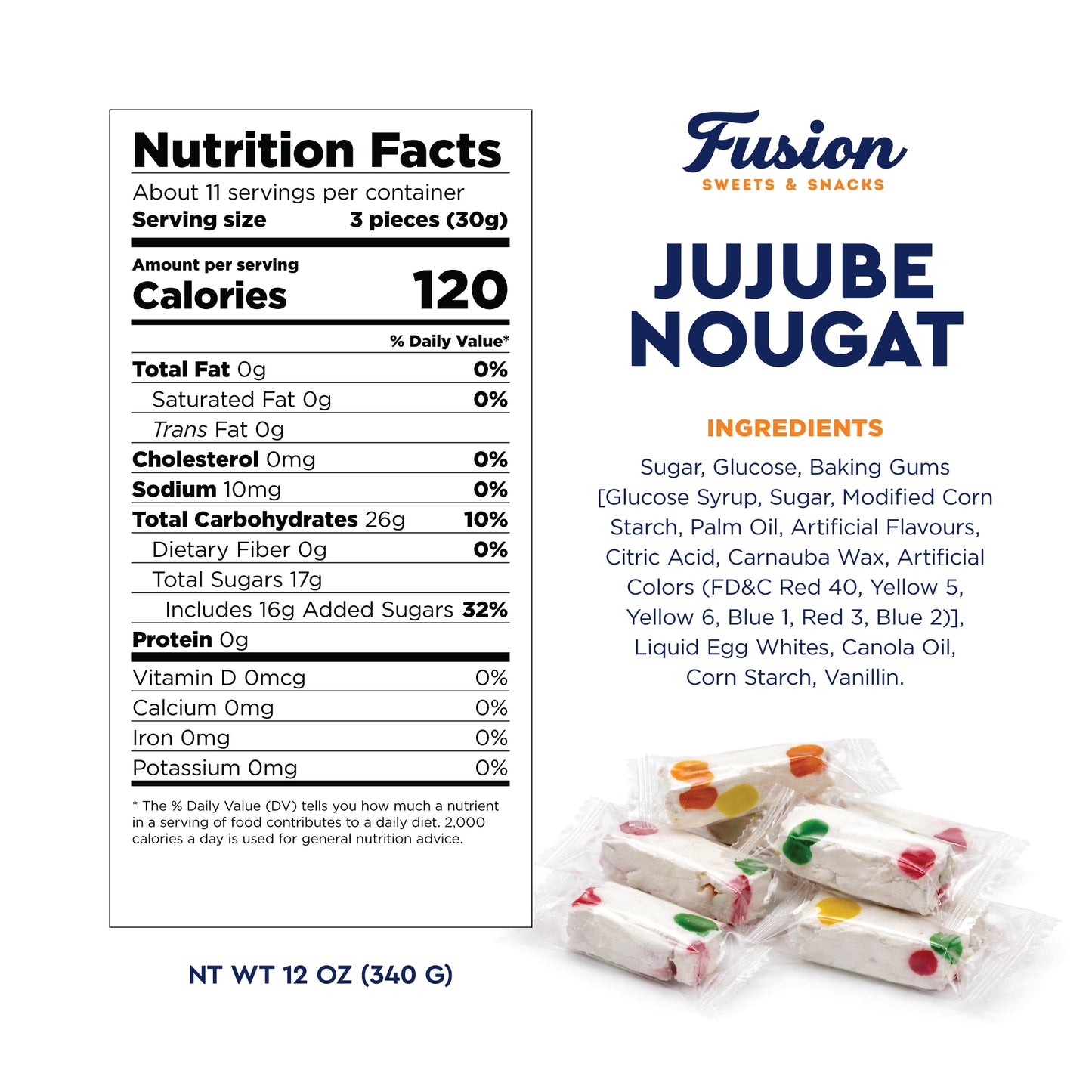 Jujube Nougat Candy - 12 Ounces (Approx. 35 Pieces) - Soft Chewy Fruit Jelly Pieces, Individually Wrapped, Classic Old Fashioned Treat, Easter Egg Fillers, Christmas Stocking Stuffers, Nostalgic Bulk Mix