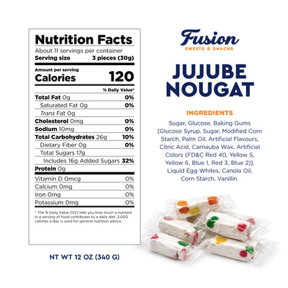 Jujube Nougat Candy - 12 Ounces (Approx. 35 Pieces) - Soft Chewy Fruit Jelly Pieces, Individually Wrapped, Classic Old Fashioned Treat, Easter Egg Fillers, Christmas Stocking Stuffers, Nostalgic Bulk Mix