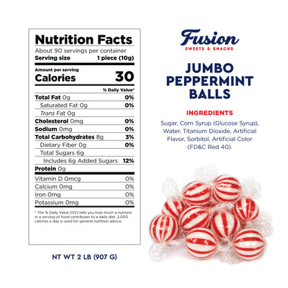 Jumbo Peppermint Balls Hard Candy - Individually Wrapped - 2 Pounds - Peppermints Bulk - Old Fashioned Hard Peppermint Candy Individually Wrapped For Holidays & More