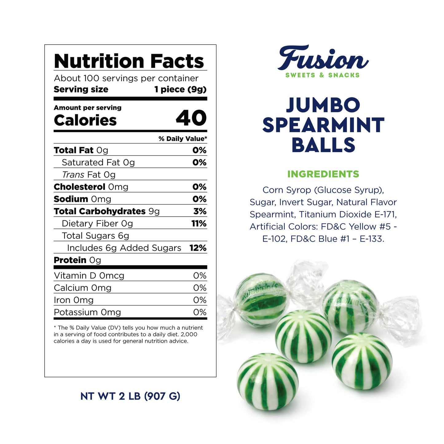 Jumbo Spearmint Mint Balls – 2 Pound Bulk Bag, Spearmint Candy Individually Wrapped, Green And White Candy Jumbo Pieces, Hard Mint Spheres with Refreshing Flavor, Ideal For Holidays, Weddings, Valentine’s Day, Party Favors, Spearmints