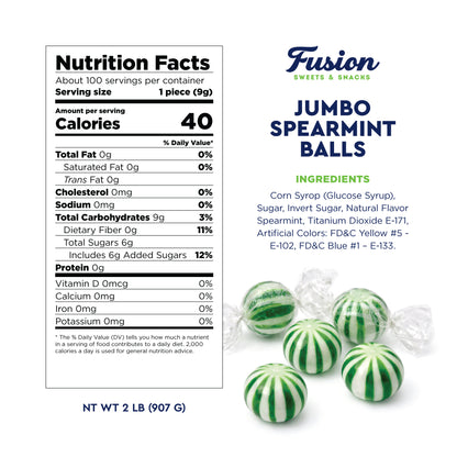 Jumbo Spearmint Mint Balls – 2 Pound Bulk Bag, Spearmint Candy Individually Wrapped, Green And White Candy Jumbo Pieces, Hard Mint Spheres with Refreshing Flavor, Ideal For Holidays, Weddings, Valentine’s Day, Party Favors, Spearmints
