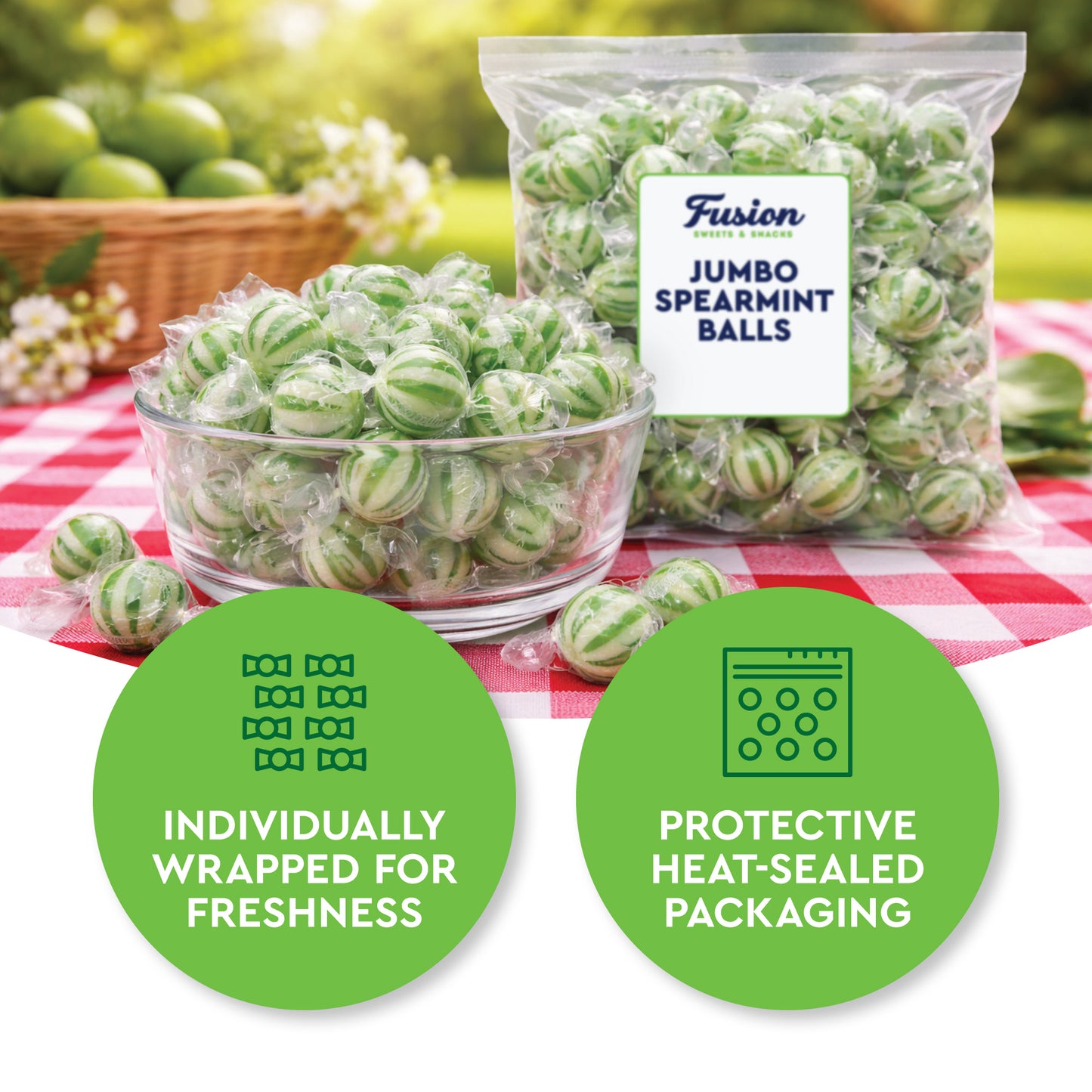 Jumbo Spearmint Mint Balls – 2 Pound Bulk Bag, Spearmint Candy Individually Wrapped, Green And White Candy Jumbo Pieces, Hard Mint Spheres with Refreshing Flavor, Ideal For Holidays, Weddings, Valentine’s Day, Party Favors, Spearmints