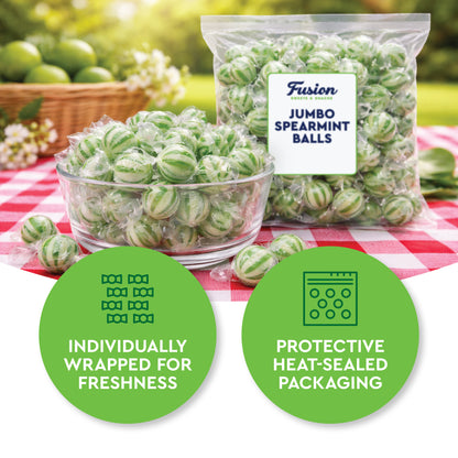 Jumbo Spearmint Mint Balls – 2 Pound Bulk Bag, Spearmint Candy Individually Wrapped, Green And White Candy Jumbo Pieces, Hard Mint Spheres with Refreshing Flavor, Ideal For Holidays, Weddings, Valentine’s Day, Party Favors, Spearmints