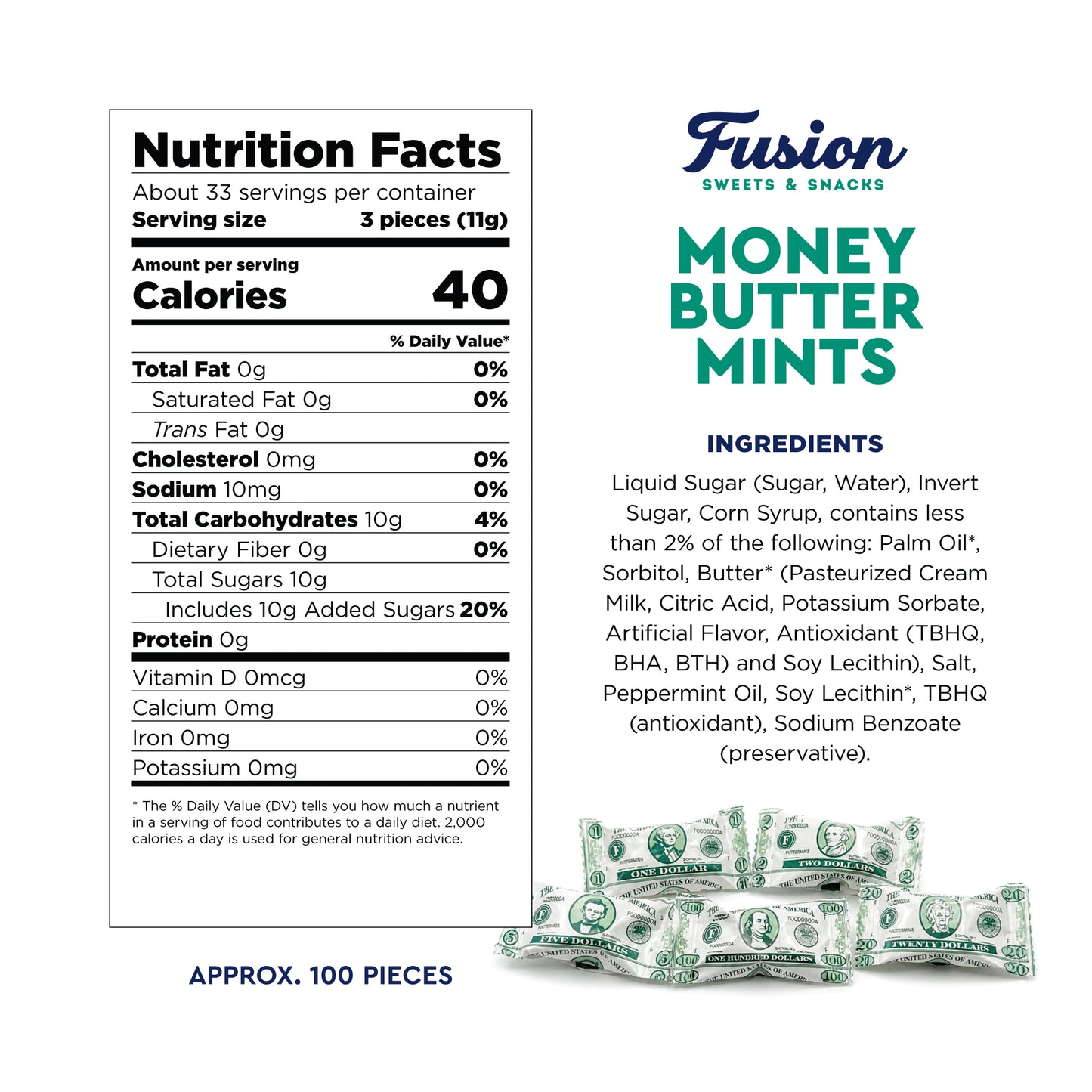 Money Buttermints Individually Wrapped, 100 Pieces | Creamy Mint Candy for Casino Party Favors, Trade Show Giveaways & Money Candy Gifts | Fun Dollar Treats For Events