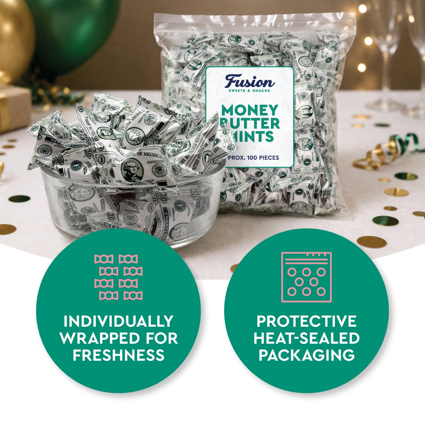 Money Buttermints Individually Wrapped, 100 Pieces | Creamy Mint Candy for Casino Party Favors, Trade Show Giveaways & Money Candy Gifts | Fun Dollar Treats For Events