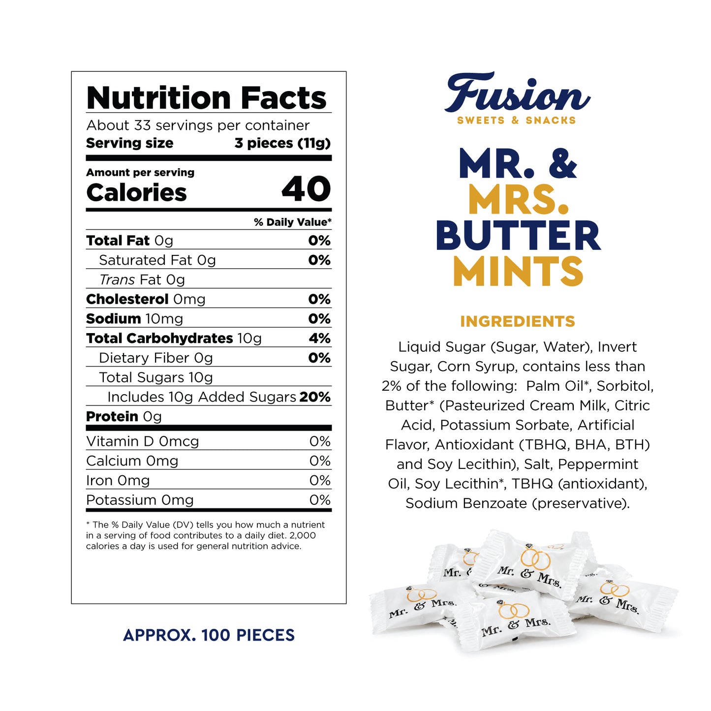 Mr. & Mrs. Buttermints - About 100 Count - Butter Mints Individually Wrapped - Wedding & Bridal Shower Mints