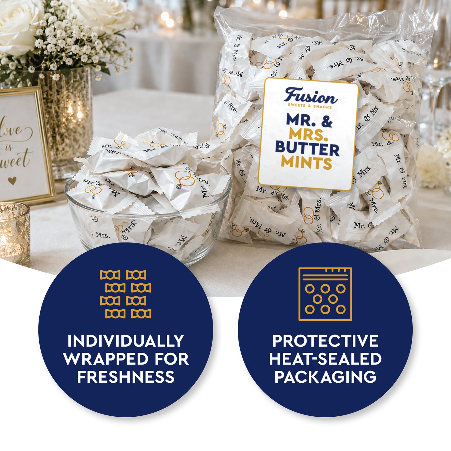 Mr. & Mrs. Buttermints - About 100 Count - Butter Mints Individually Wrapped - Wedding & Bridal Shower Mints