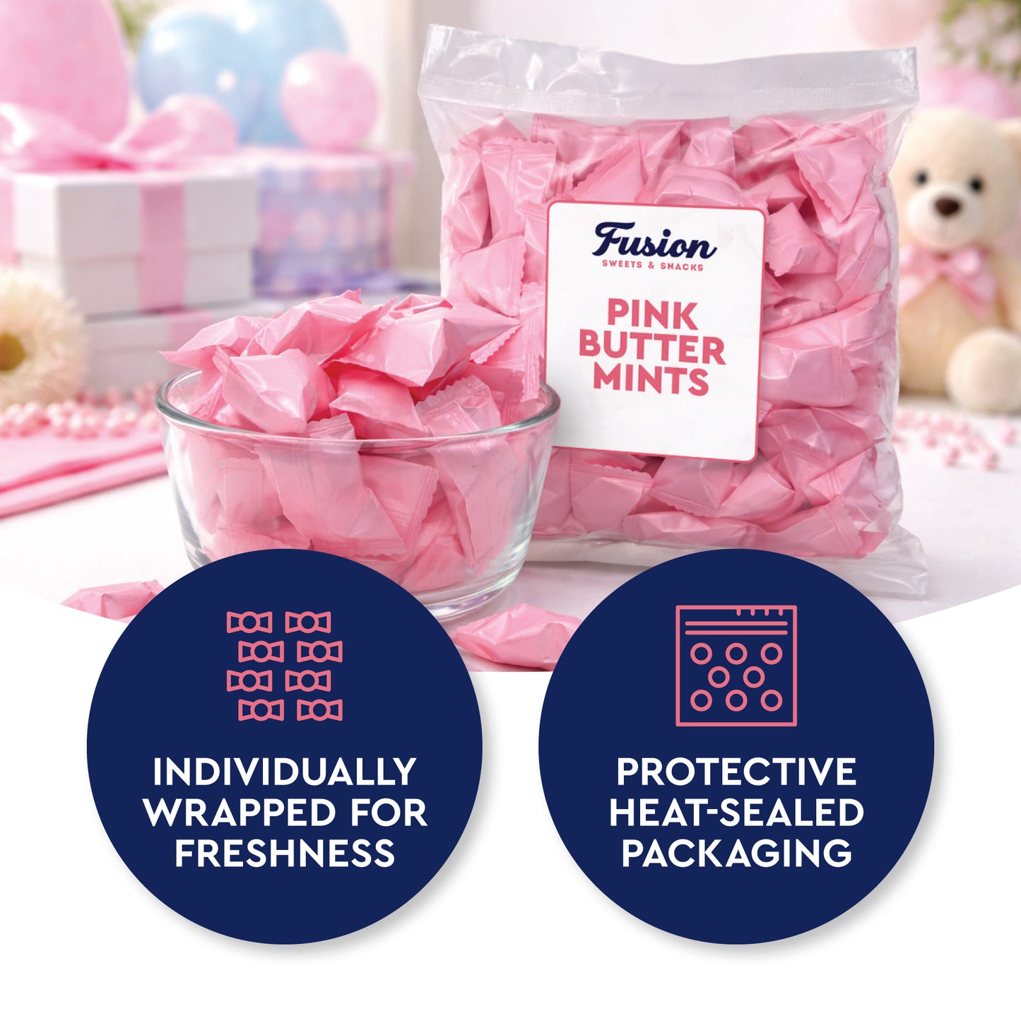 Pink Buttermints - 100 Count - Pink Candy For Baby Shower - Baby Shower Candy - Perfect For Gender Reveal Parties, Hospital Goodie Bags, Welcome Baby Party, And More