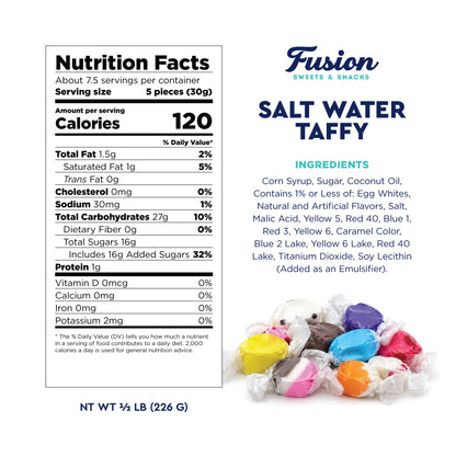 Assorted Salt Water Taffy, 1/2 Pound Bag, Individually Wrapped | 8 Ounces, About 32 Pieces, Classic Old Fashioned Retro Candy, Chewy, Great For Parties, Gifting, And Snacking