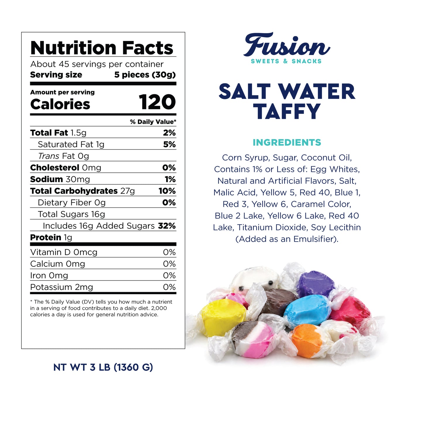 Assorted Salt Water Taffy, 3 Pound Bag, Individually Wrapped, Bulk Candy | Classic Old Fashioned Retro Candy, Chewy, Great For Parties, Gifting, And Snacking, Gluten Free, Kosher