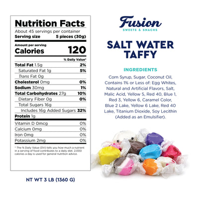 Assorted Salt Water Taffy, 3 Pound Bag, Individually Wrapped, Bulk Candy | Classic Old Fashioned Retro Candy, Chewy, Great For Parties, Gifting, And Snacking, Gluten Free, Kosher