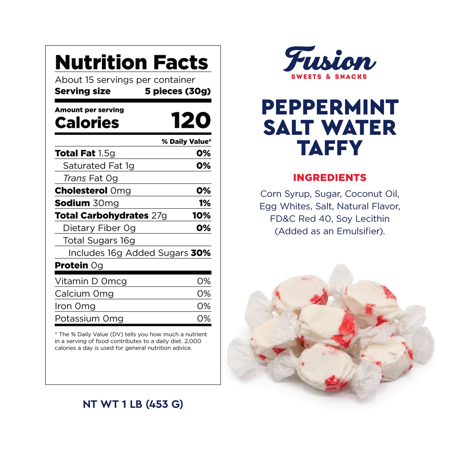 Peppermint Salt Water Taffy Individually Wrapped, 1 Pound | Soft & Chewy Nougat Style Candy Great For Parties, Kosher & Gluten Free