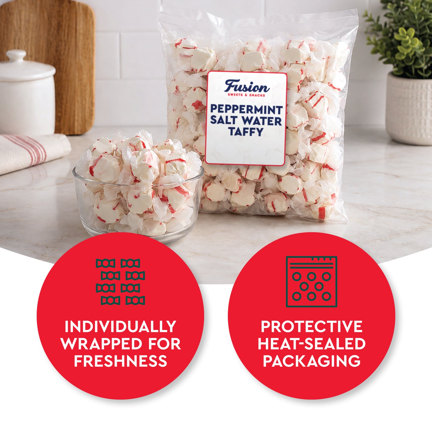 Peppermint Salt Water Taffy Individually Wrapped, 1 Pound | Soft & Chewy Nougat Style Candy Great For Parties, Kosher & Gluten Free