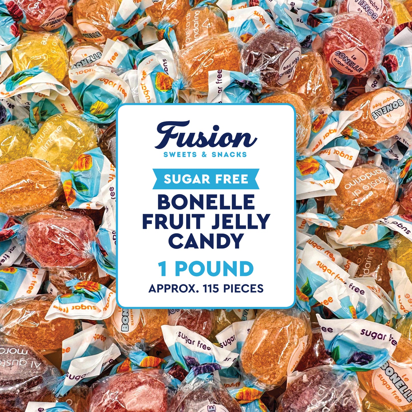 Sugar Free Bonelle Italian Fruit Jelly Candy - 1 Pound (Approx. 115 Pieces) - Sugar Free Candy Individually Wrapped - Perfect For Snacks, Movie Theatre, Gift Baskets, And More