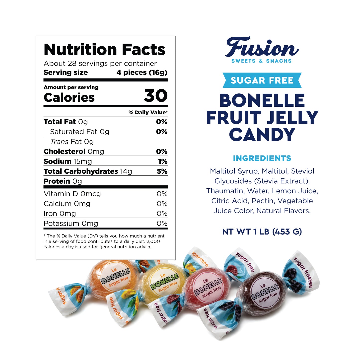 Sugar Free Bonelle Italian Fruit Jelly Candy - 1 Pound (Approx. 115 Pieces) - Sugar Free Candy Individually Wrapped - Perfect For Snacks, Movie Theatre, Gift Baskets, And More
