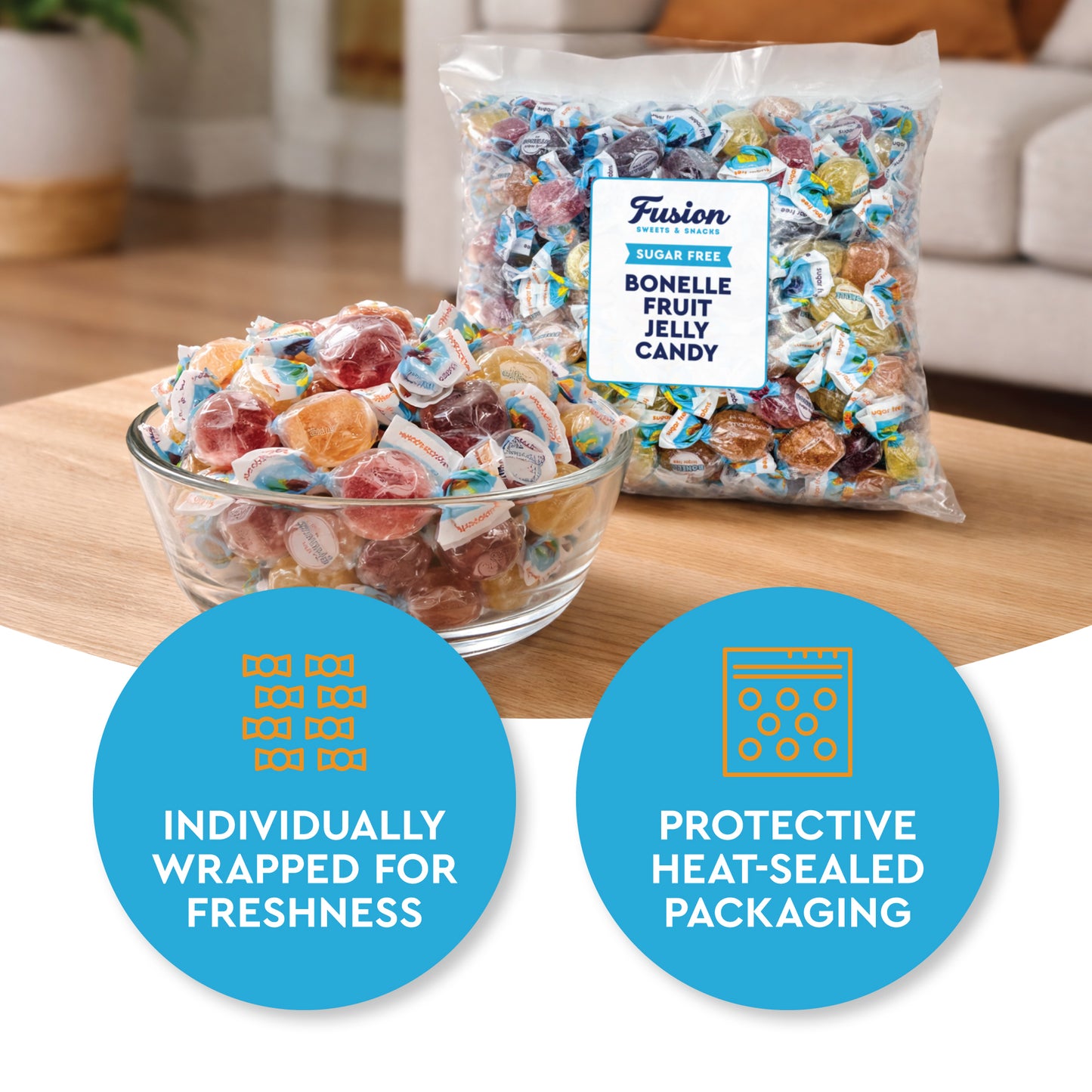 Sugar Free Bonelle Italian Fruit Jelly Candy - 1 Pound (Approx. 115 Pieces) - Sugar Free Candy Individually Wrapped - Perfect For Snacks, Movie Theatre, Gift Baskets, And More