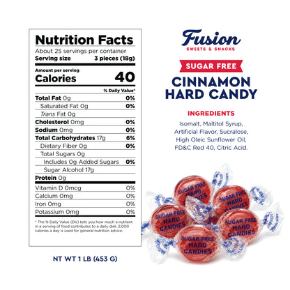 Sugar Free Cinnamon Hard Candy Arcor- 1lb Bulk Bag (Approx. 80 pieces), Individually Wrapped | Premium Sugar Free Cinnamon Candy | Delicious Cinnamon Candy Sugar Free Treats