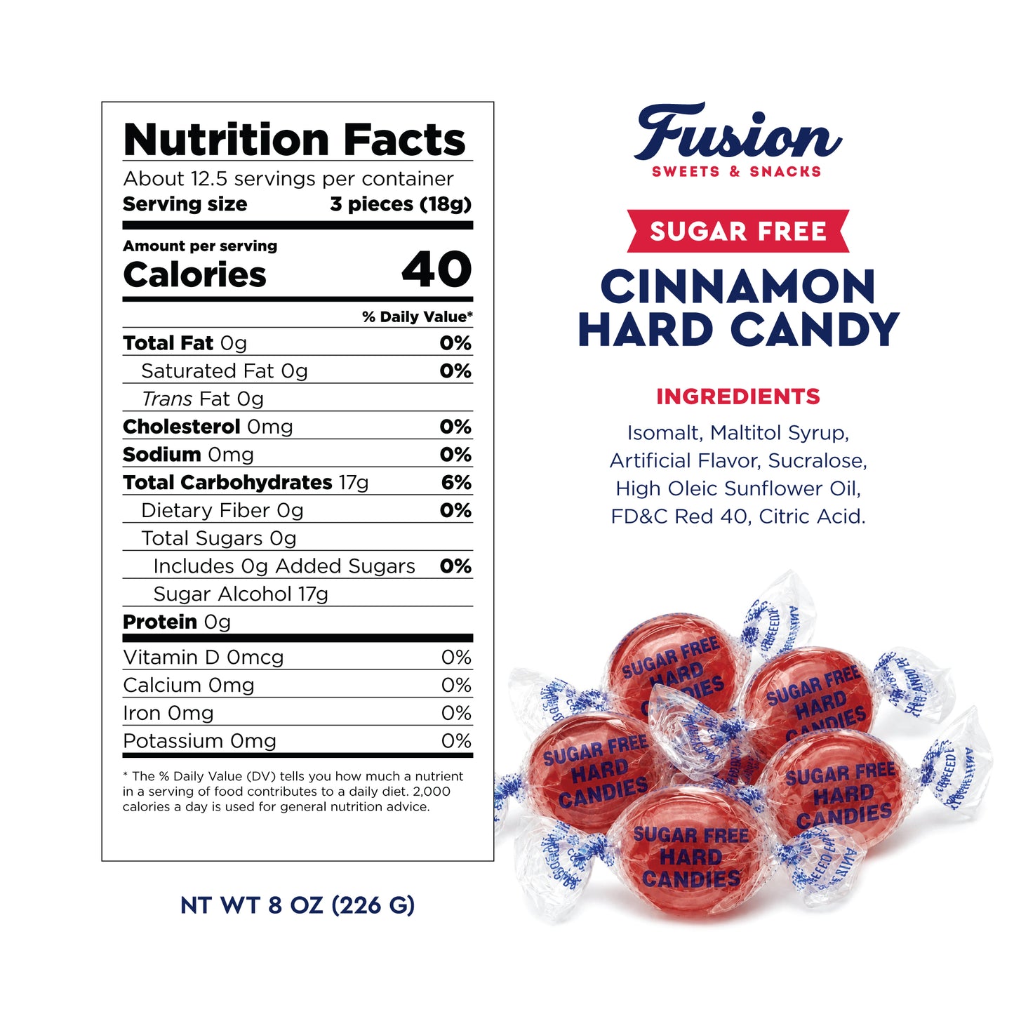 Arcor Sugar Free Cinnamon Hard Candy, 8 Ounce Bag, Individually Wrapped | Approx. 40 pieces, Delicious Keto Friendly Premium Treats, Sugarfree Cinnamon Candy, Fat Free