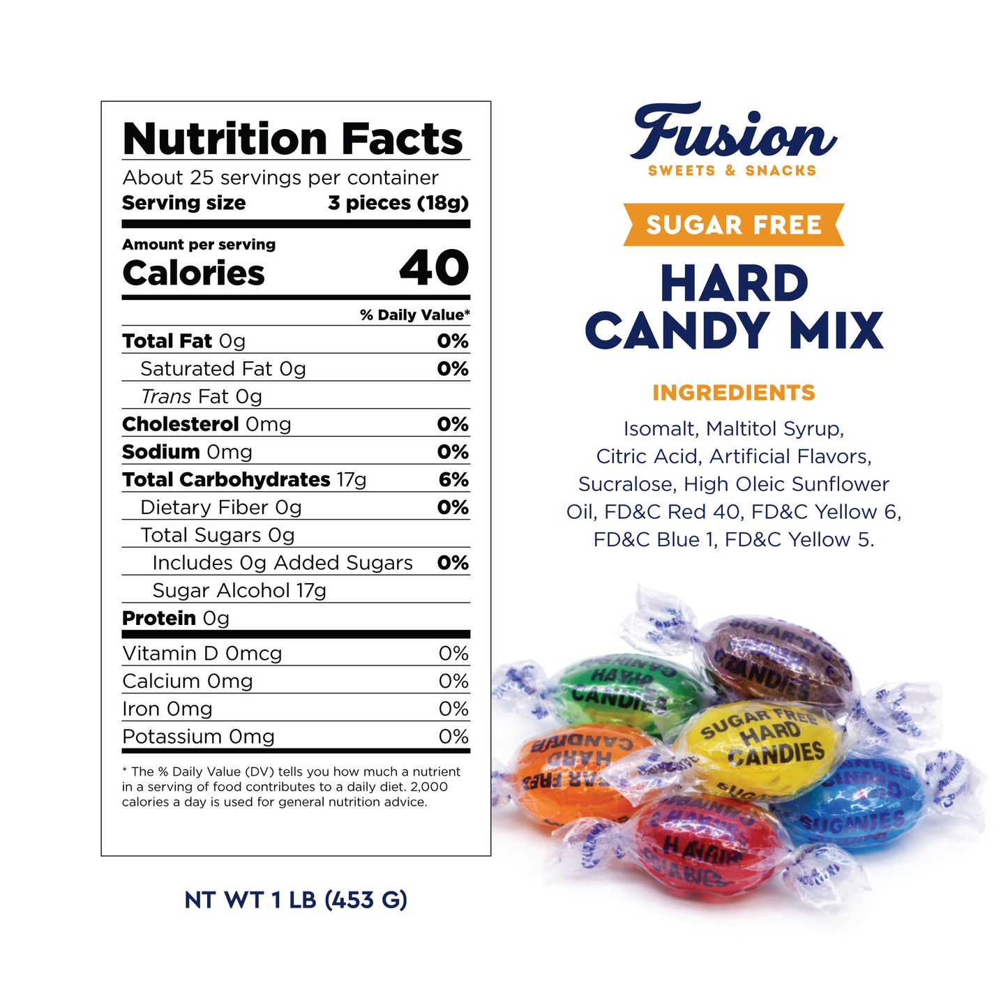 Sugar Free Hard Candy Mix - 1 Pound Bag (Approx. 75 Pieces), Individually Wrapped, Sugar Free Candy Assorted Fruit & Berry Mix Flavors - Lemon, Lime, Cherry, Orange, Blackberry & Raspberry Candies For Office Bowls & Snacking