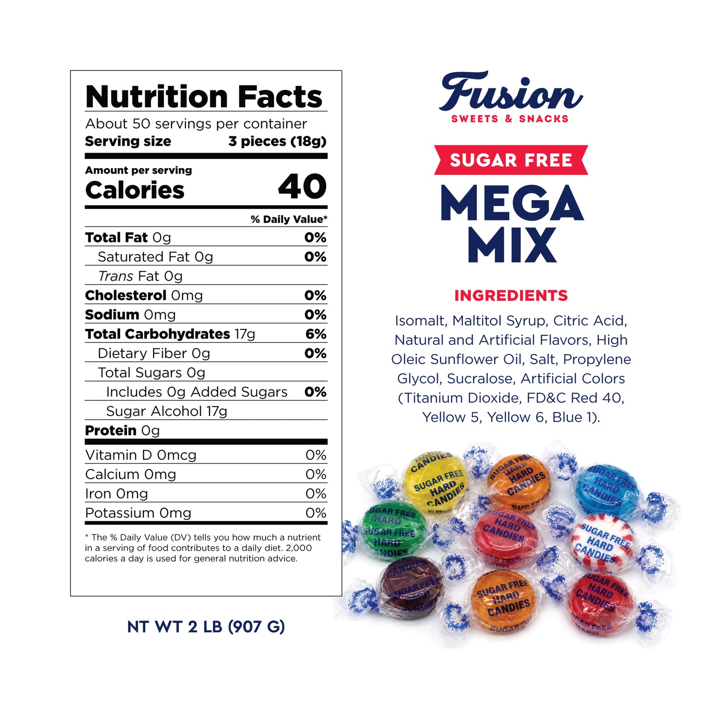 Sugar Free Hard Candy Mega Mix 2 Pound Bag Individually Wrapped 8 Assorted Flavors Office Bowl Candy Mix