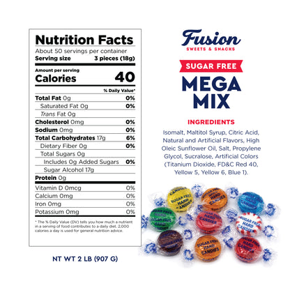 Sugar Free Hard Candy Mega Mix 2 Pound Bag Individually Wrapped 8 Assorted Flavors Office Bowl Candy Mix